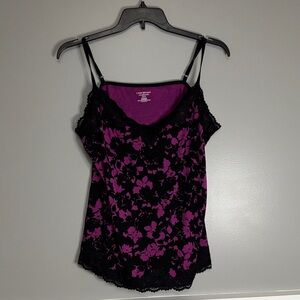 Lane Bryant Black and Purple Floral Lace-Trim Camisole